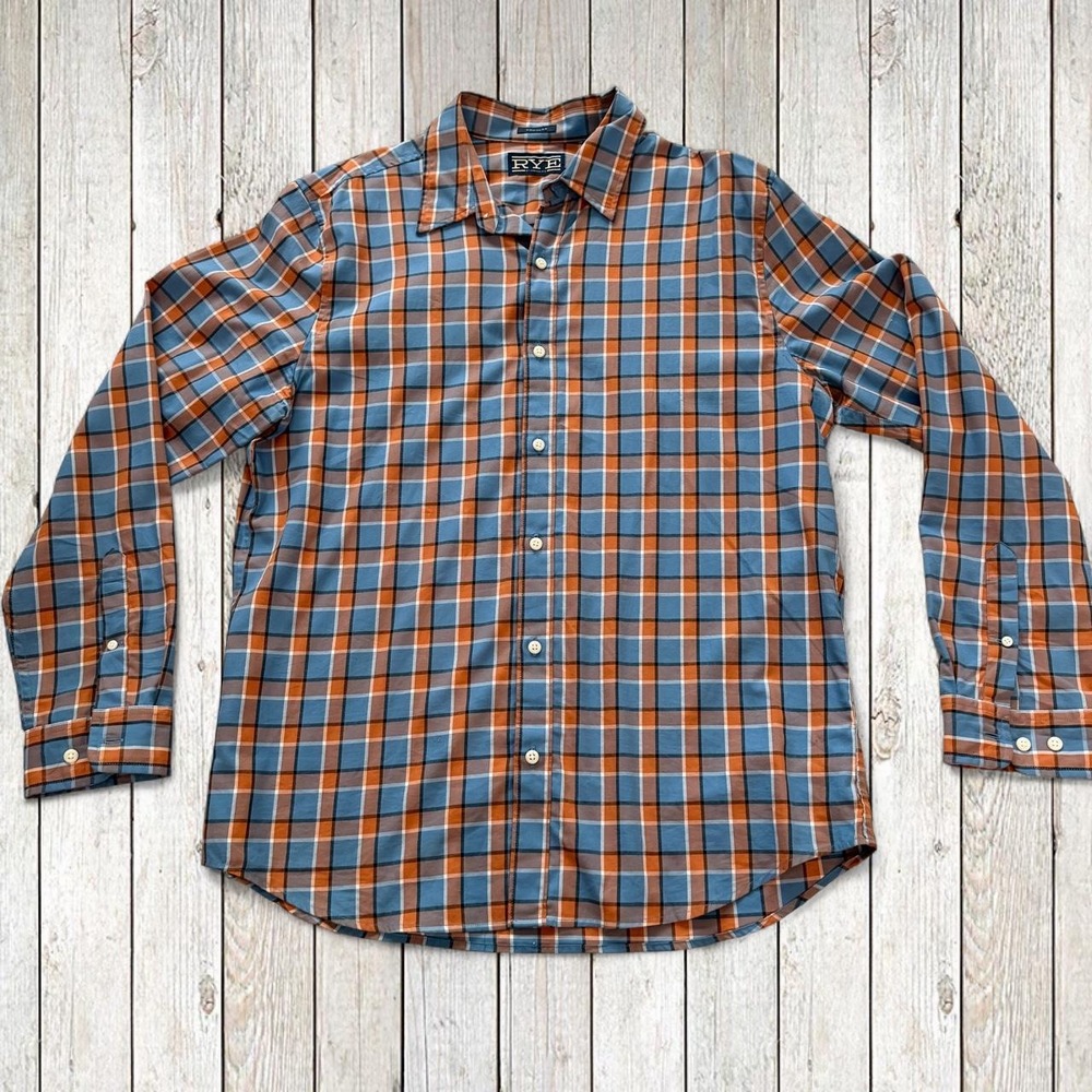 Hawker Rye Mens Button Down Shirt Blue Orange Plaid Long Sleeve Regular Size L